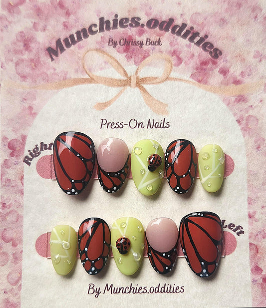 Handmade Butterfly Press-On Nails, French tip, Ladybug on Leaf Almond