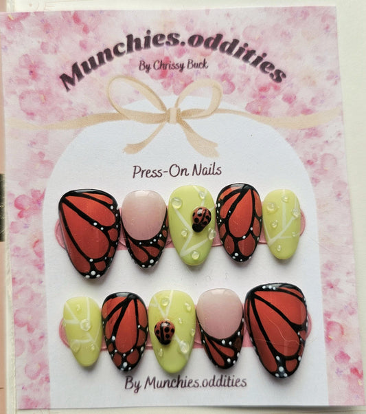 Handmade Butterfly Press-On Nails, French tip, Ladybug on Leaf Almond
